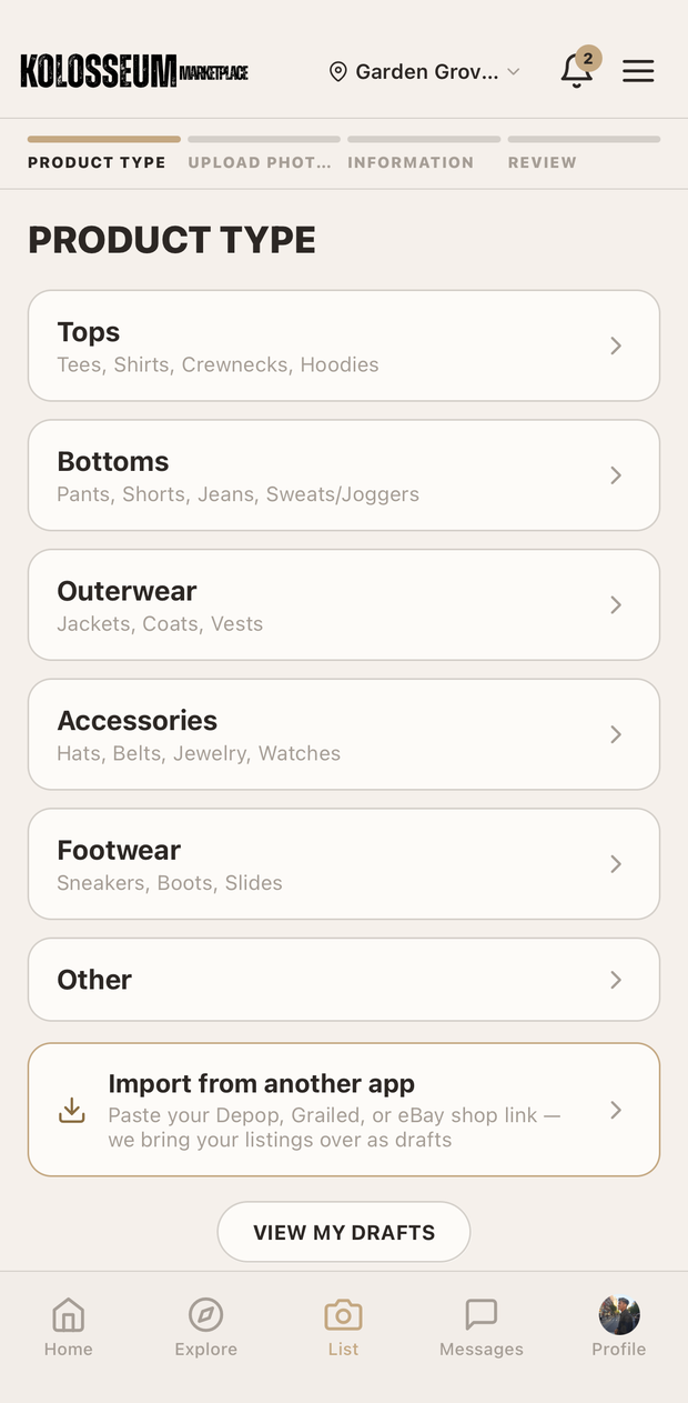 Creating a listing in the Kolosseum app