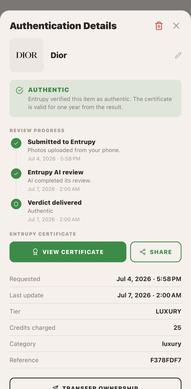 Authentication result showing an authentic verdict